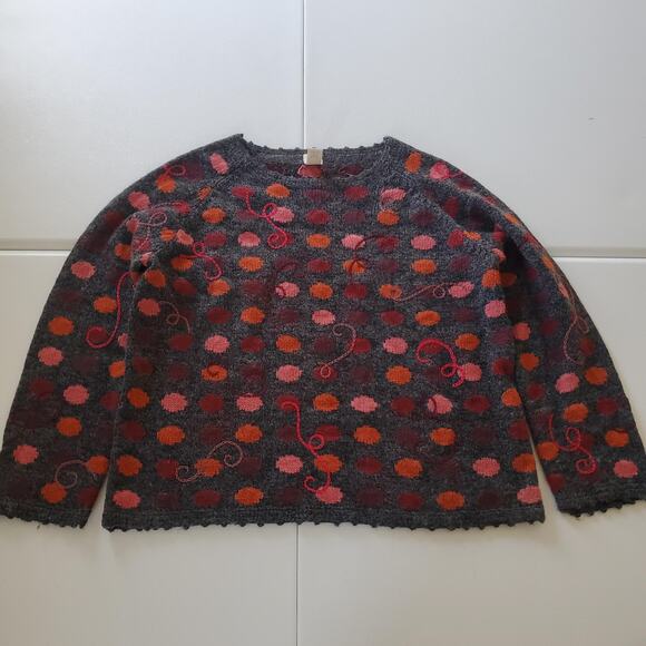 J Jill Sweater Womens 1X Gray Multi Polka Dot Silk Blend Embroidered Whimsy Art - Picture 1 of 8
